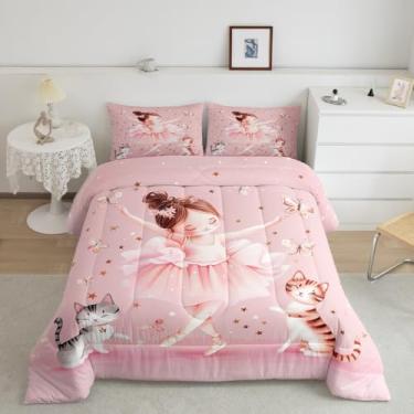 Imagem de Feelyou Conjunto de edredom de balé rosa para meninas, gato, balé, Queen, macio, decoração de quarto de princesa