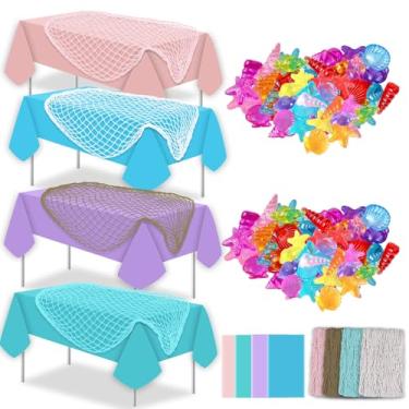 Imagem de Conjunto de 8 peças de toalha de mesa decorativa de rede de peixe, toalhas de mesa de plástico ondas do oceano, rede de peixe de algodão, enchimento de conchas de plástico sob o mar para decoração de