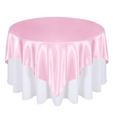 Imagem de Cobedzy Sobreposição de toalha de mesa quadrada de cetim de 182 cm, capa de toalha de mesa quadrada rosa, sem rugas, tecido resistente a manchas para festa, casamento, decoração de mesa de banquete