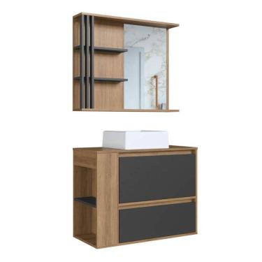 Imagem de Gabinete 80cm Estela Mel Grafite Cuba Branca com Espelheira 1 Gavetão E 1 Basculante Armário de Banheiro