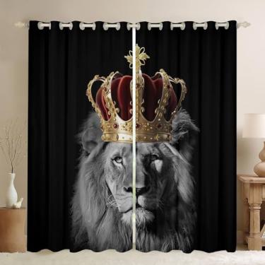 Imagem de Cortinas de janela de leão selvagem, coroa de rei dourado, 3D, vida selvagem, decoração de casa, cortinas para sala de estar, estampa de animais tropicais africanos, preto, durável, cortinas