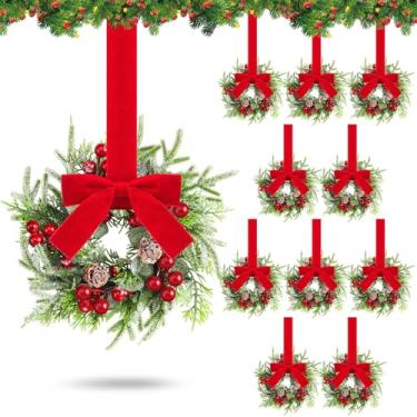 Imagem de Dingion 12 peças mini guirlanda de armário de cozinha de Natal pequena decorações de pinheiro norfolk frutas artificiais guirlanda de pinheiro nevado com fita vermelha para mesa de Natal, decoração de
