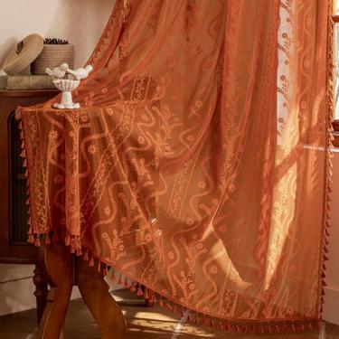 Imagem de Cortinas transparentes laranja de 153 cm, 2 painéis, cortinas de renda boho de fazenda com padrão de folha floral, bolso para haste, filtro de luz de outono ocidental semitransparente para quarto