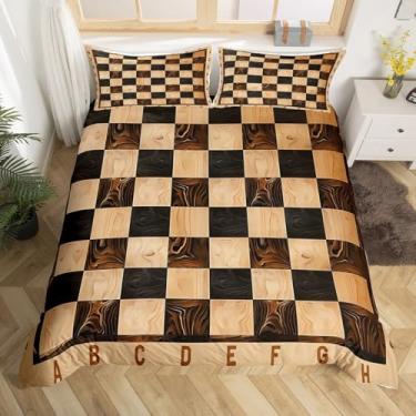 Imagem de Manfei International Chess Capa de edredom tamanho casal, jogo esportivo vintage, xadrez, marrom, xadrez, para todas as estações, conjunto de cama quadriculado com estampa geométrica de madeira, sem