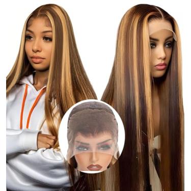 Imagem de Peruca de cabelo humano com destaque loiro mel 66.0 cm 200% densidade 13x4 frontal completo HD transparente renda pré-arrancada Ombre reta peruca frontal cabelo humano castanho 4/27 colorido lace