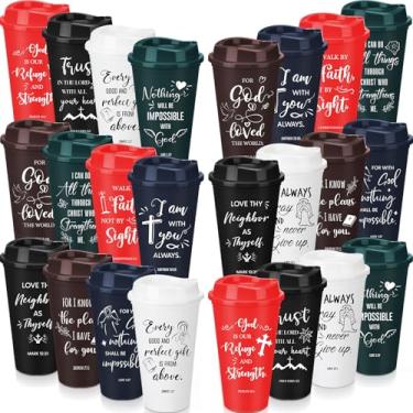Imagem de Tioncy Copos de plástico reutilizáveis para mulheres e homens, versículo bíblico, copos de plástico com tampas, 473 ml, copos de café religiosos inspiradores, presentes cristãos para igreja (48 peças