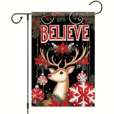 Imagem de Saoplasa Bandeira de jardim de Natal Believe Ornamentos de rena 30,5 x 45,7 cm Faixa dupla face para quintal externo poinsétia de férias nariz vermelho decoração decoração de inverno