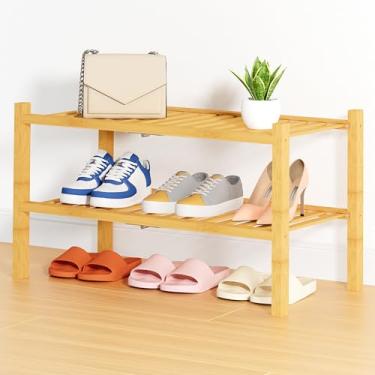 Imagem de Smiry Sapateira de bambu para armário, organizador de sapatos de madeira de 2 níveis, prateleira de sapato resistente empilhável para entrada, entrada da porta da frente, sala de estar, quarto