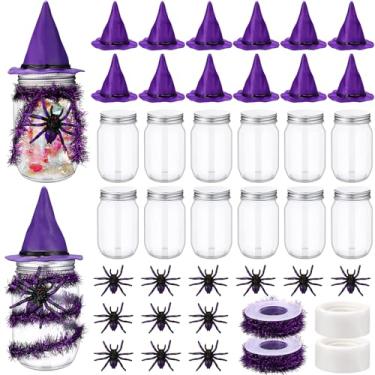 Imagem de Mimorou 12 conjuntos de kit de decoração de pote de doces de Halloween com chapéu de bruxa assustador guirlanda de tinsel de aranha carretel e pontos adesivos para lembrancinhas de festa de Halloween