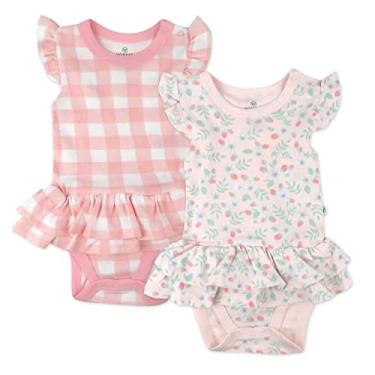 Imagem de HonestBaby Macacão para bebês meninas e babados, body vestido 100% algodão orgânico para bebês e meninas pequenas, Pacote com 2 adesivos de morango, 18 Meses