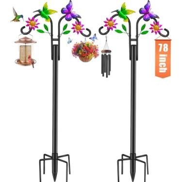 Imagem de yeuago Ganchos de pastores duplos para atividades ao ar livre, design artístico de beija-flor e flor, base de 5 pinos, ideal para comedouros de pássaros, cestas e lanternas (pacote com 1)