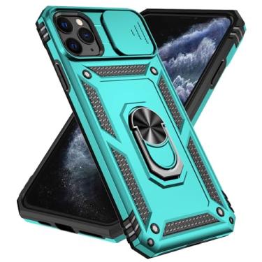 Imagem de SunStory Capa compatível com iPhone 11 Pro com protetor de tela HD e capa de câmera deslizante e suporte de anel girado, [grau militar] capa para celular iPhone 11 Pro, azul-petróleo