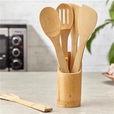 Imagem de Kit Colher De Pau Utensílios Em Bambu 4 talheres + suporte Peças Anti Fungos Casa Cozinha Colheres
