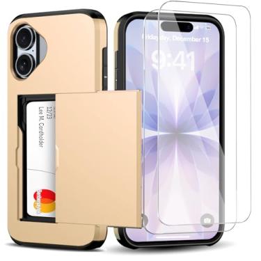 Imagem de Benbenjaytek Capa carteira para iPhone com suporte para cartão + 2 protetores de tela de vidro temperado à prova de choque com compartimento oculto para cartão, capa fina feminina e masculina (dourada