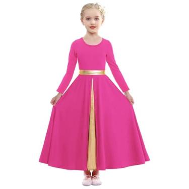 Imagem de ELLYDOOR Vestido de dança de louvor de manga comprida para meninas, saia rodada, adoração litúrgica, fantasia de igreja, roupa de dança, 2301fúcsia, 9-10 Anos