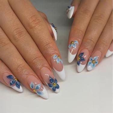 Imagem de Unhas postiças médias de amêndoa, unhas falsas francesas, unhas artificiais azuis com desenhos de flores 3D, berloque global, cola nas unhas, purpurina, acrílico, pregos, cola, 24 peças