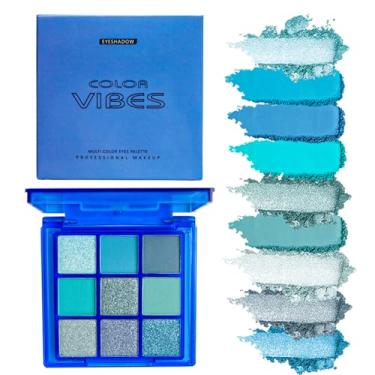 Imagem de Paleta de sombras de olhos azul 9 cores foscas foscas brilhantes fumê glitter pó colorido de longa duração de sombras de Ojos