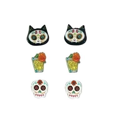 Imagem de Conjunto de 3 peças de brincos de pino do Dia dos Mortos do México, fofo, brilhante, crânio, açúcar, tequila, gato preto, engraçado, festa de Halloween, Dia dos Mortos, cosplay, joias, presentes