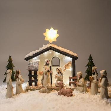 Imagem de WANCHIY Conjunto de presépio de Natal - Conjunto de presépio de 13 peças com manjedoura iluminada, figuras da história do presépio - Decorações e figuras cristãs de Natal (Clássico)
