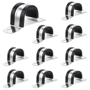 Imagem de 10 braçadeiras de tubo de 2,5 cm, correias de conduíte de aço inoxidável, suporte em U de 2 furos, braçadeira isolada acolchoada de borracha, correia rígida reforçada para fixação de tubos em várias