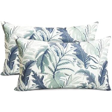 Imagem de RYSMIYOU Conjunto de 2 capas de almofada decorativas de folhas grandes verdes azuis 30,5 x 50,8 cm, almofadas florais quadradas de pelúcia curta, fazenda, ambientes externos, para sofá, sala de estar