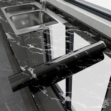 Imagem de Watthourhome Papel de contato de mármore brilhante para bancadas, papel de parede autoadesivo removível à prova d'água para armários de cozinha móveis Backsplash preto 45 x 199 cm