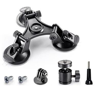 Imagem de Suporte de ventosa tripla com cabeça rosqueada de 1/4, suporte de sucção de câmera compatível com Gopro Fusion Hero 9 8 7 6 5 4 Session 3+ 3, suporte de câmera Tri Cup para vidro de para-brisa de