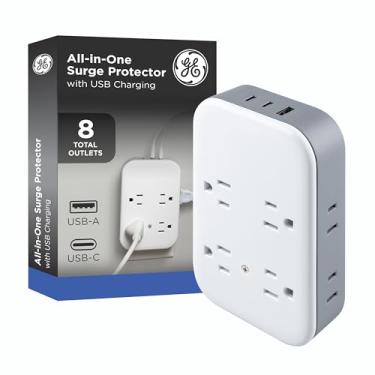 Imagem de GE Torneira de parede protetora SurGE multifuncional, 8 tomadas (4 aterradas + 4 polarizadas), 2 USB-C e 1 USB-A, 15W compartilhado, 1140J, disjuntor, certificado ETL, branco/cinza, 85633