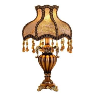 Imagem de Abajur de mesa estilo vitoriano com base de resina marrom feita à mão e cúpula de tecido com estampa paisley, 50 cm de altura