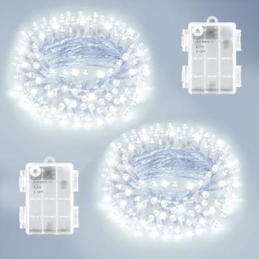 Imagem de FFZZKJ Luzes de Natal ao ar livre operadas por bateria total 100 LEDs 10 metros para decorações de Natal 16,4 pés x 2, 50 LED*2 à prova d'água interna com temporizador para decoração de Natal, branco