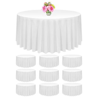 Imagem de Gtiametor Pacote com 10 toalhas de mesa brancas redondas de 300 cm, toalha de mesa circular de poliéster resistente a manchas e rugas, toalha de mesa redonda branca de tecido lavável para festa de