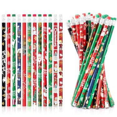 Imagem de 48 lápis de Natal a granel para crianças – Lápis de madeira com tema de Natal com borracha, inclui desenhos de Papai Noel, boneco de neve, rena e árvore para lembrancinhas de festas de fim de ano
