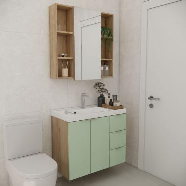 Imagem de Conjunto De Banheiro Com Cuba Vittare 80cm Estilare CNJ5006 Carvalho-verde Gaveta Direita