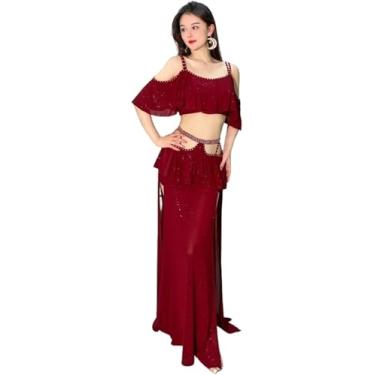 Imagem de Dança Do Ventre Saia Dança Do Ventre Roupas Outono Inverno Malha Mangas Curtas Top Saia Longa Oriental Terno De Treinamento Mulheres Conjunto De Dança Do Ventre, Wine Red, L