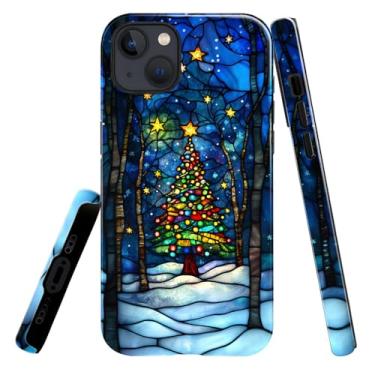 Imagem de heindiy Compatível com iPhone 15 Plus, capa brilhante, proteção total, à prova de choque, anti-arranhões, capa de TPU, capas para homem, mulher, árvore de Natal, noite de neve