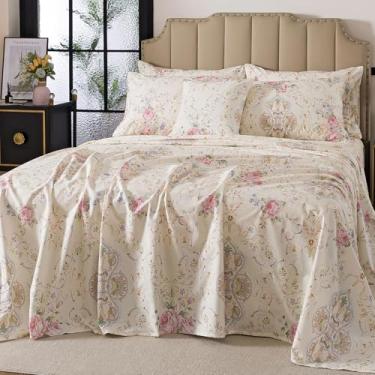 Imagem de FADFAY Jogo de lençol Queen 100% algodão, rosa, floral, 4 peças, macio, respirável, com bolso alto, lençol de cima e fronhas, roupa de cama vintage romântica para todas as estações