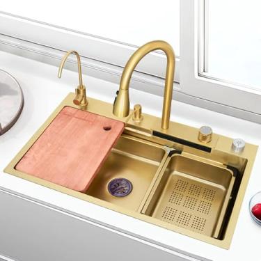 Imagem de Pia De Cozinha Dourada, Pia Em Cascata De Aço Inoxidável Nova, Pia De Bar, Pia De Bar De Estação De Trabalho Com Torneira Extraível, Tábua De Cortar, Dispensador De Sabão