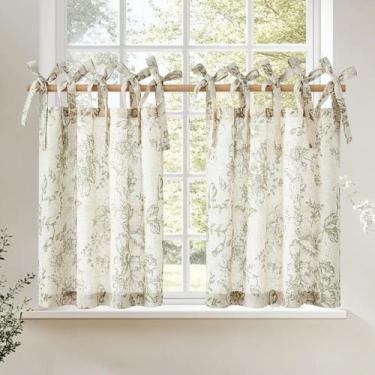 Imagem de Cortinas jinchan Floral Linen Tier 60 cm Farmhouse Green 2 unidades