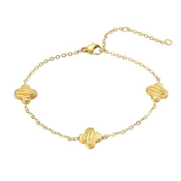 Imagem de Pulseira de trevo de ouro para mulheres - Pulseira feminina banhada a ouro 14K com quatro folhas da sorte - Pulseira de corrente de elos fofos não manchada de aço inoxidável - Pulseira com pingente de