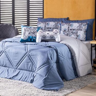 Imagem de Kit Edredom Queen Game Start Azul Com Almofadas Estampadas 07 Peças - Dupla Face Percal 300 Fios