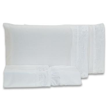 Imagem de Jogo De Cama Lençol Blossom Bordado Floral Percal 300 Fios Com Fronhas Queen 04 Peças - Toque Acetinado Cor Branco