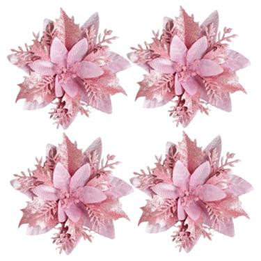 Imagem de 4 peças de flores de Natal rosa para decoração de árvore de Natal, guirlanda DIY, quarto, decoração de casa, festa temática, mesa, enfeite de jardim ao ar livre (rosa - 4 peças)