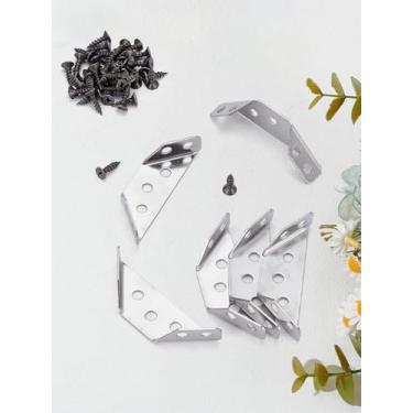 Imagem de 6 conjuntos de protetores de canto de aço inoxidável com parafusos, suportes de triângulo de ângulo reto engrossados resistentes de aço inoxidável, suportes resistentes para prateleiras, armários de