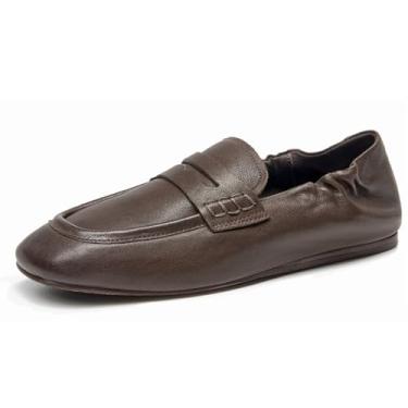 Imagem de U-lite Mocassins femininos mocassins, sapatos náuticos de couro legítimo, bico largo, mocassin, mules, bidirecional, macio e confortável, Marrom escuro, 36