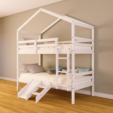 Imagem de Beliche Solteiro Casinha com Kit Escada/Escorregador Madeira Maciça Branco Megamobilia
