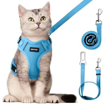 Imagem de Arnês de carro para gatos, conjunto de coleira e coleira para gatos, colete macio e respirável com faixa refletiva, arnês ajustável antiescape, fácil de usar para gatos caminhando e viajando, azul, M