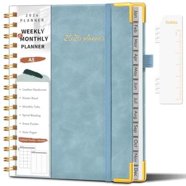 Imagem de Agenda A5 2026, agenda semanal e mensal de janeiro de 2026 a dezembro de 2026, agenda horária de couro de capa dura de 14,6 cm x 21,3 cm com abas, agenda diária em espiral para escola, trabalho, casa