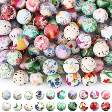 Imagem de Ferreve 120 peças de contas de silicone de 15 mm a granel de contas de silicone impressas de borracha faça você mesmo kit para fazer chaveiros, canetas, colar joias (floral)