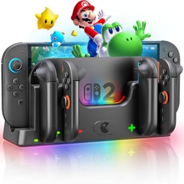 Imagem de Wenocally Switch 2 estação de carregamento de controle compatível com Nintendo Switch 2 Joy-con, Switch 2 Joycon Charger Dock com 6 modos de luz RGB, suporte para carregar 6 Joycons e indicador LED