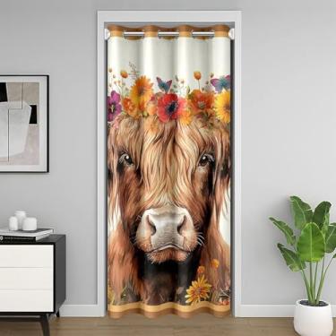 Imagem de jejeloiu Highland Cortina de porta de vaca para privacidade de porta 86 x 203 cm 1 painel infantil fazenda 30%-50% cortina divisória de quarto para meninos meninas adolescentes capa de armário marrom